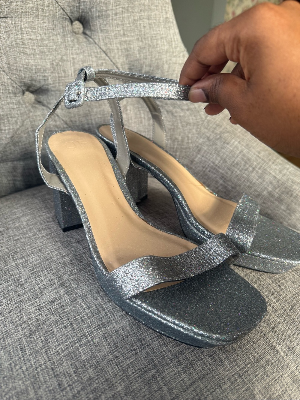 JustFab Silver Glitter Block Heel Sandals